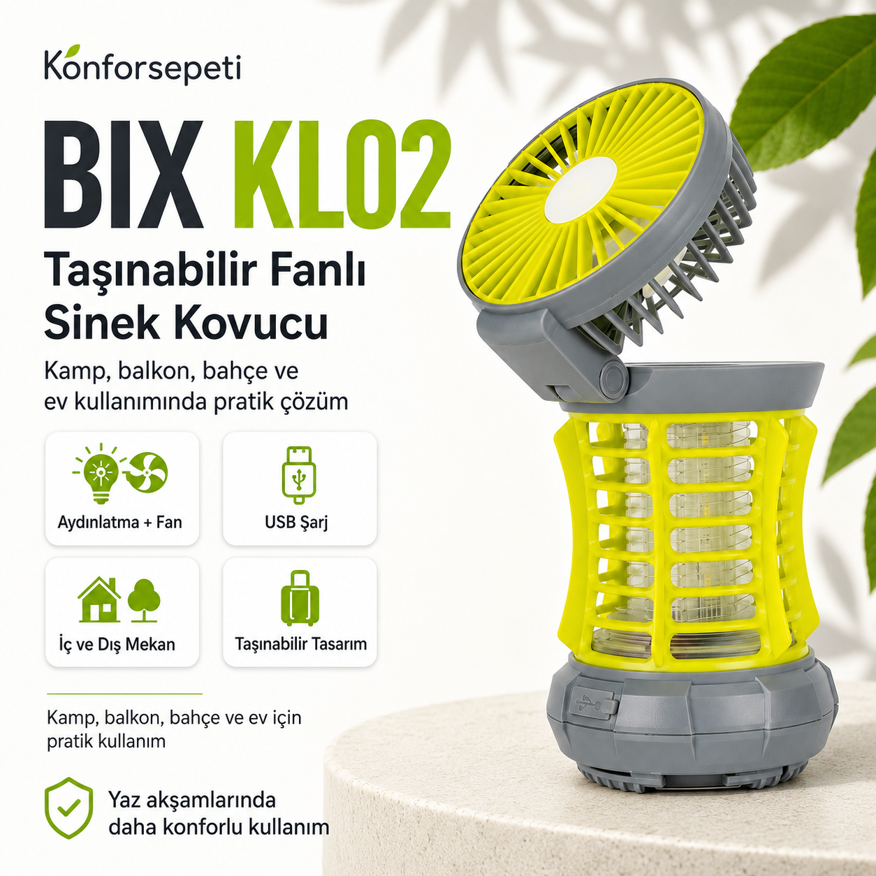 BIX KL02 Taşınabilir Fanlı Sinek Kovucu – LED Aydınlatmalı USB Şarjlı