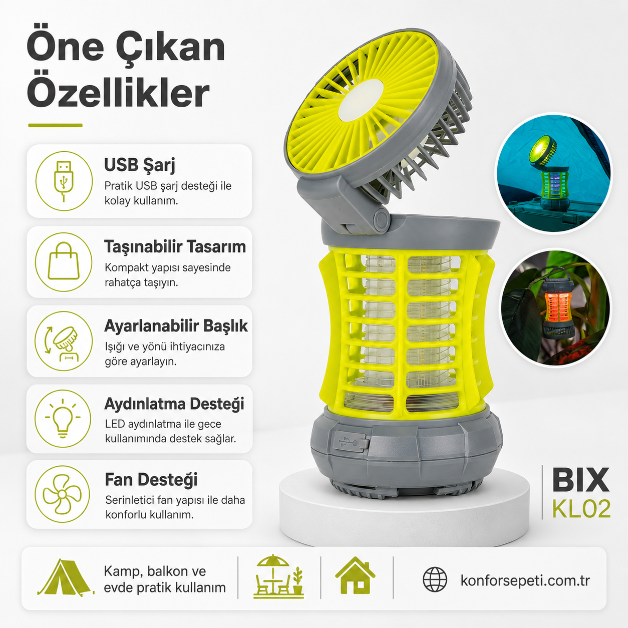BIX KL02 Taşınabilir Fanlı Sinek Kovucu – LED Aydınlatmalı USB Şarjlı
