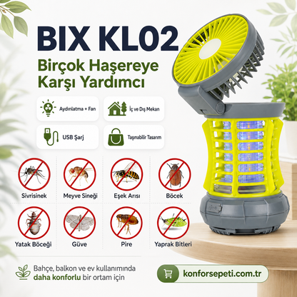 BIX KL02 Taşınabilir Fanlı Sinek Kovucu – LED Aydınlatmalı USB Şarjlı