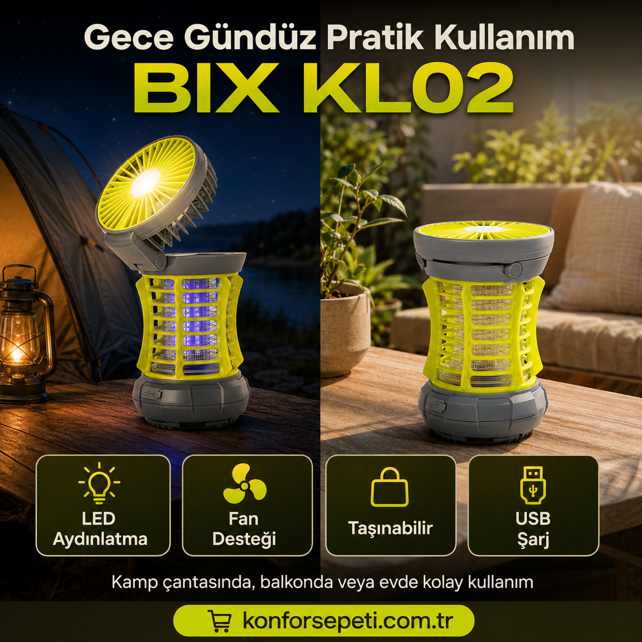 BIX KL02 Taşınabilir Fanlı Sinek Kovucu – LED Aydınlatmalı USB Şarjlı