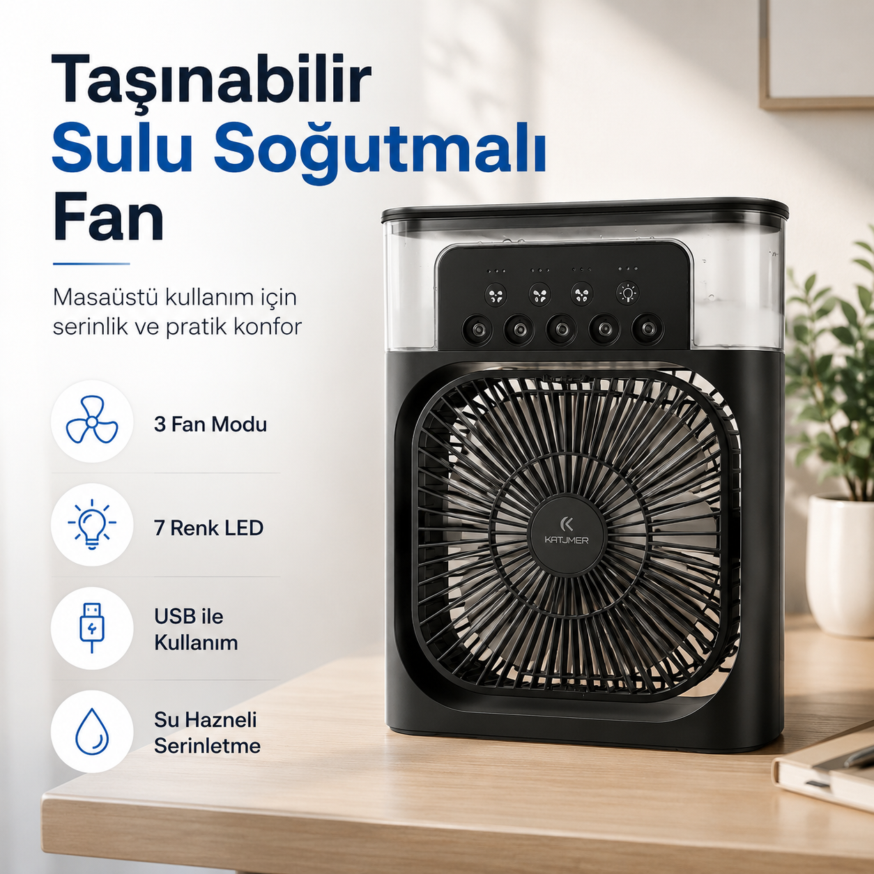Taşınabilir Sulu Soğutmalı Masaüstü Fan | 7 Renk LED Işıklı USB Fan